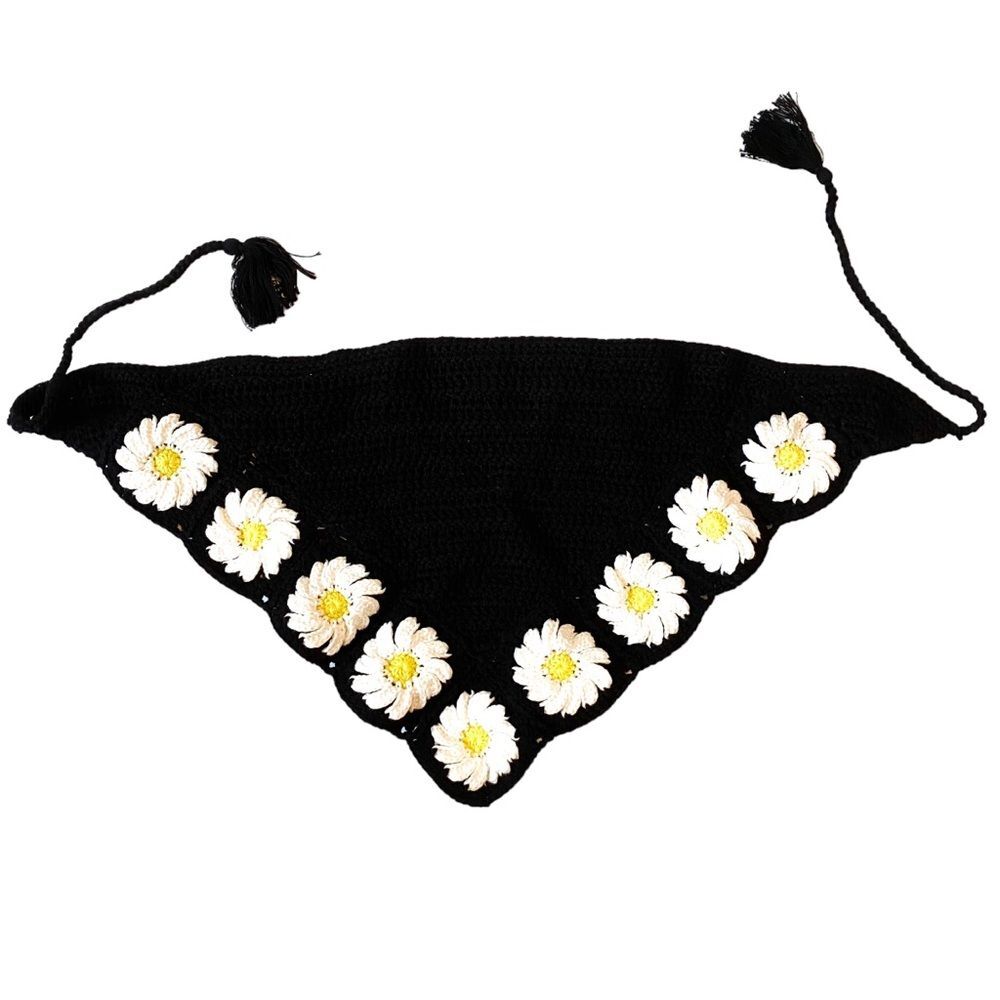ASOS Black White Daisy Floral Crochet Knit Tie Women's Cottagecore Head Bandana